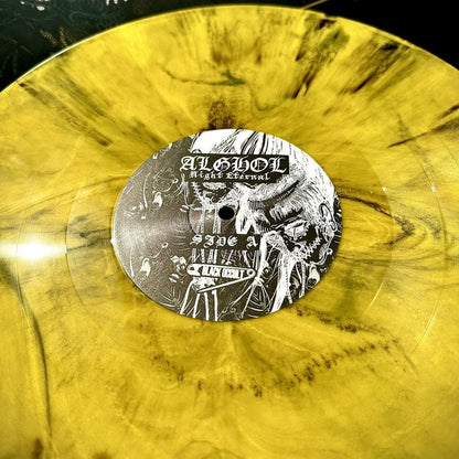 ALGHOL "Night Eternal" vinyl LP, yellow with black splatter vinyl with printed jacket and insert, splatter vinyl detail