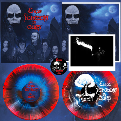 Erang The Kingdom is Ours vinyl 2xLP, deluxe red/blue/splatter vinyl, with printed record jacket and insert, glossy photo print, patch, and silkscreen on D side