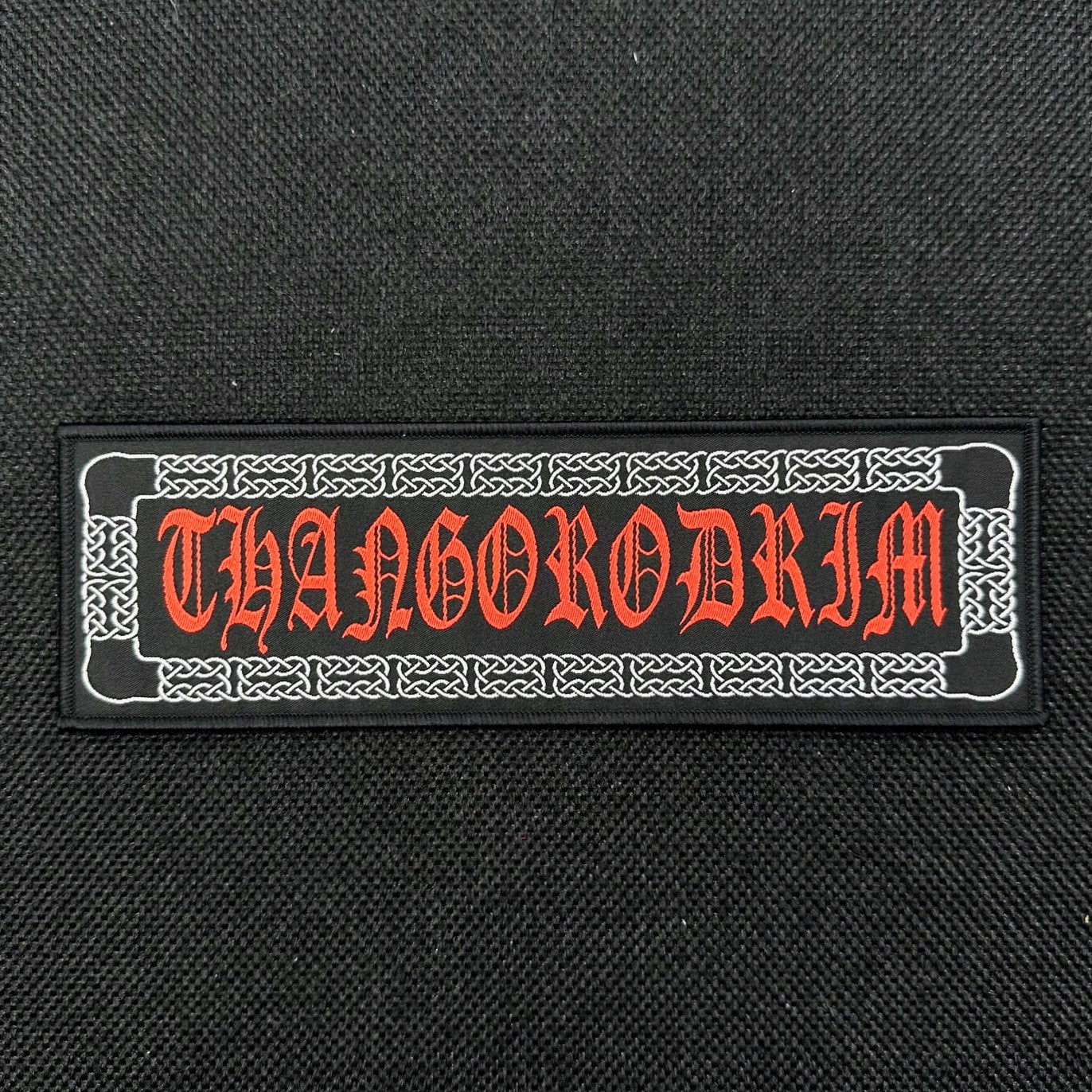 THANGORODRIM "Towers Logo" Patch, black rectangular patch with red logo and intricate white border