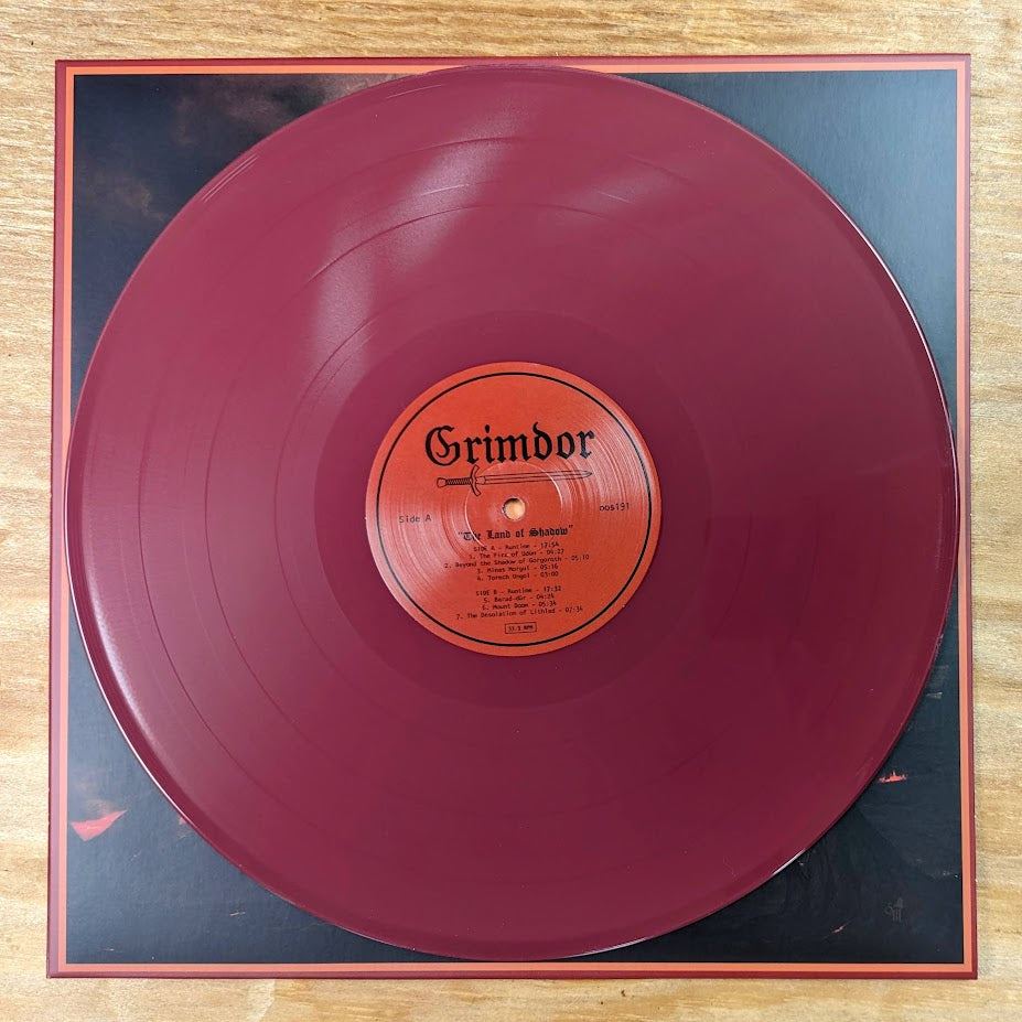 GRIMDOR "The Land of Shadow" vinyl LP, red vinyl with printed record jacket and insert, red vinyl detail