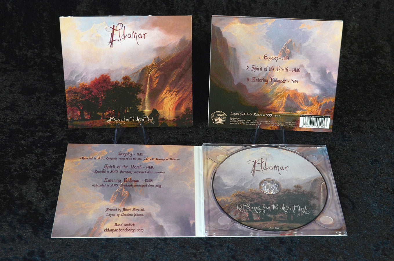 ELDAMAR "Lost Songs from the Ancient Land" CD, pro printed CD in 4-panel digipak. Cover art of mountains with trees and a waterfall