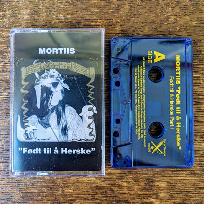 MORTIIS "Født til å Herske" cassette tape, blue tint shell with gold padprint, Norelco case and printed j-card