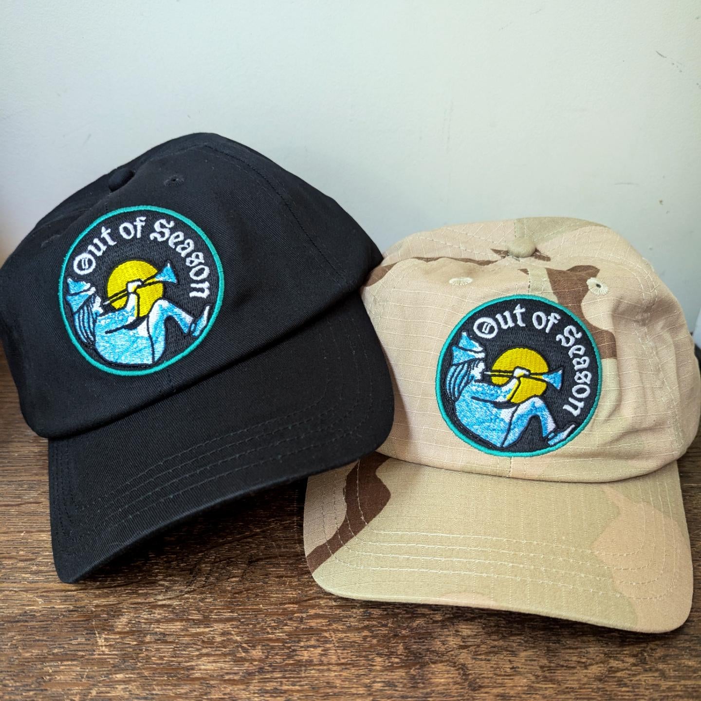 OUT OF SEASON "Bard" Embroidered Dad Hat, desert camo or black hat