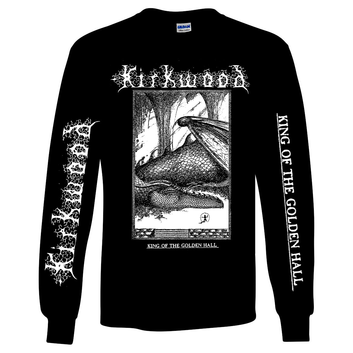 Jim Kirkwood King of the Golden Hall long sleeve shirt, black with white print on front and both sleeves, mockup