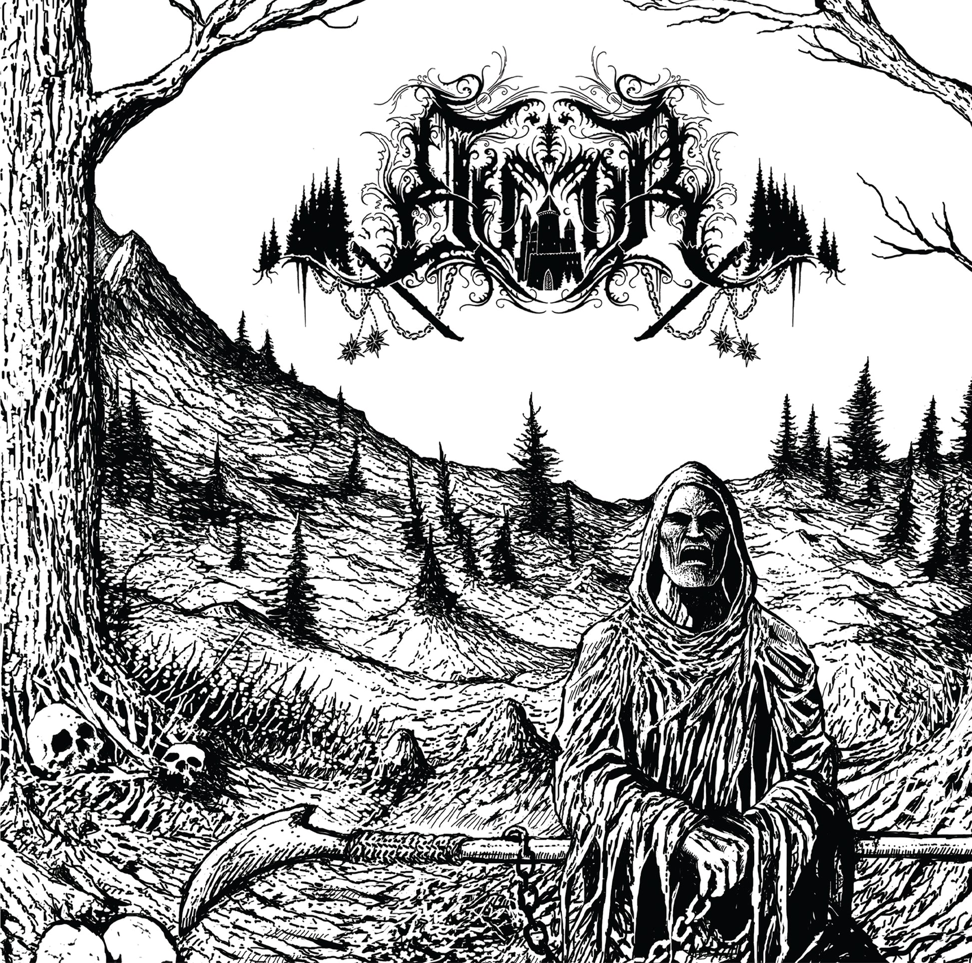 ELFFOR "Arkaik I" vinyl LP, cover artwork featuring a reaper-like figure standing in front of hills lined with pine trees