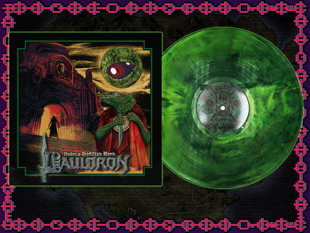 PAULDRON "Under a Reptilian Moon" vinyl LP, green marble vinyl with printed record jacket