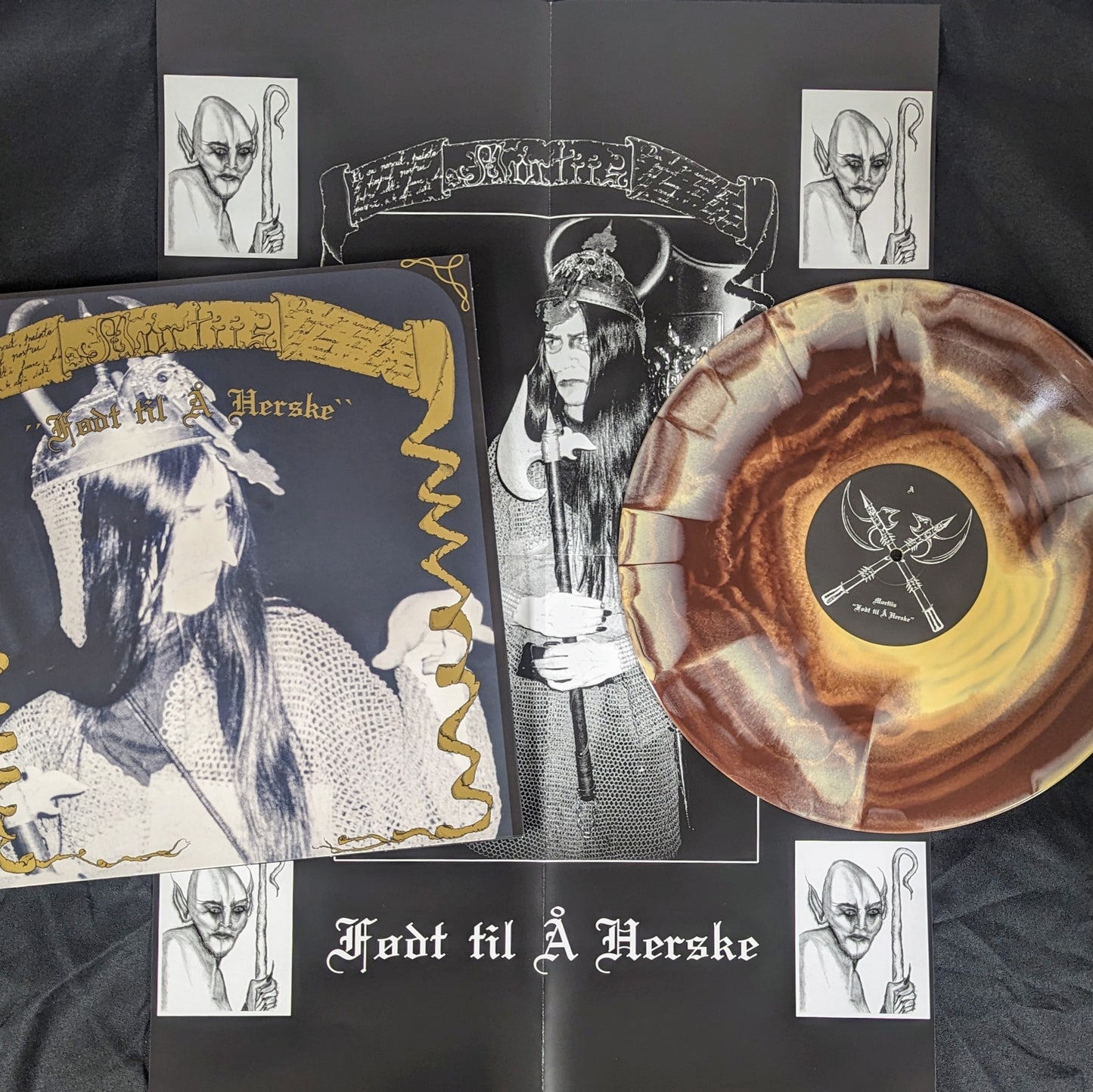 MORTIIS "Født til å Herske" vinyl LP, yellow/brown swirl vinyl color, with printed record jacket and foldout poster insert