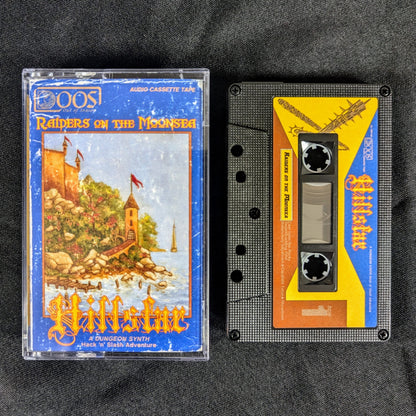 HILLSFAR Raiders on the Moonsea cassette tape, with black shell, multicolor sticker label, and Norelco case