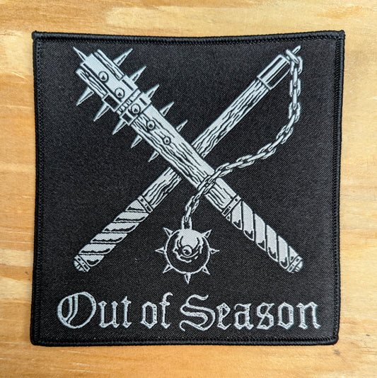 OUT OF SEASON Logo+Text Square Patch, black woven patch with white weapons logo