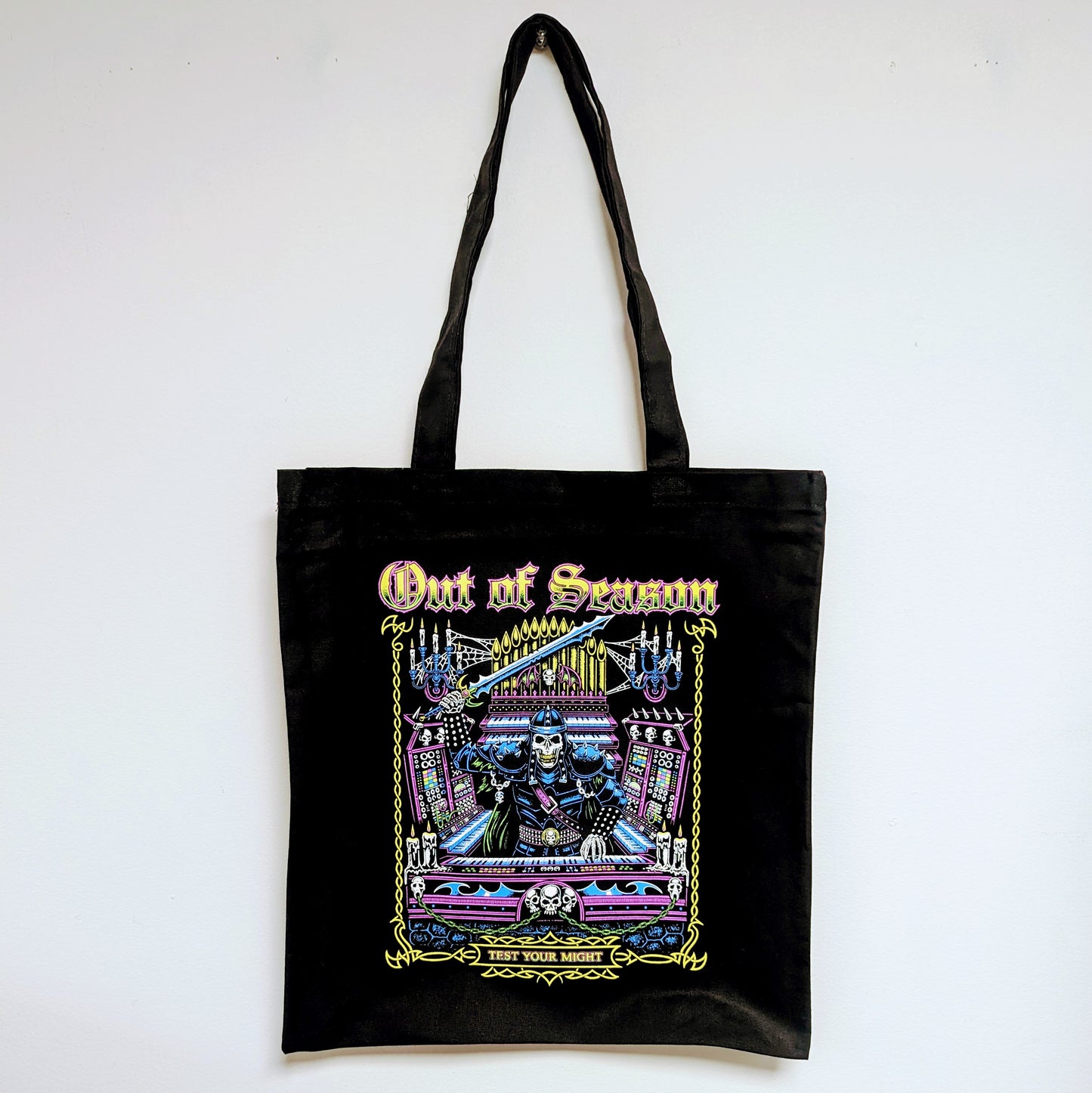 OUT OF SEASON "Test Your Might" Canvas Tote Bag (Black) w/free stickers!