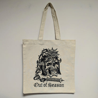 OUT OF SEASON "Skull N' Flail" Canvas Tote Bag (Natural) w/ free stickers!