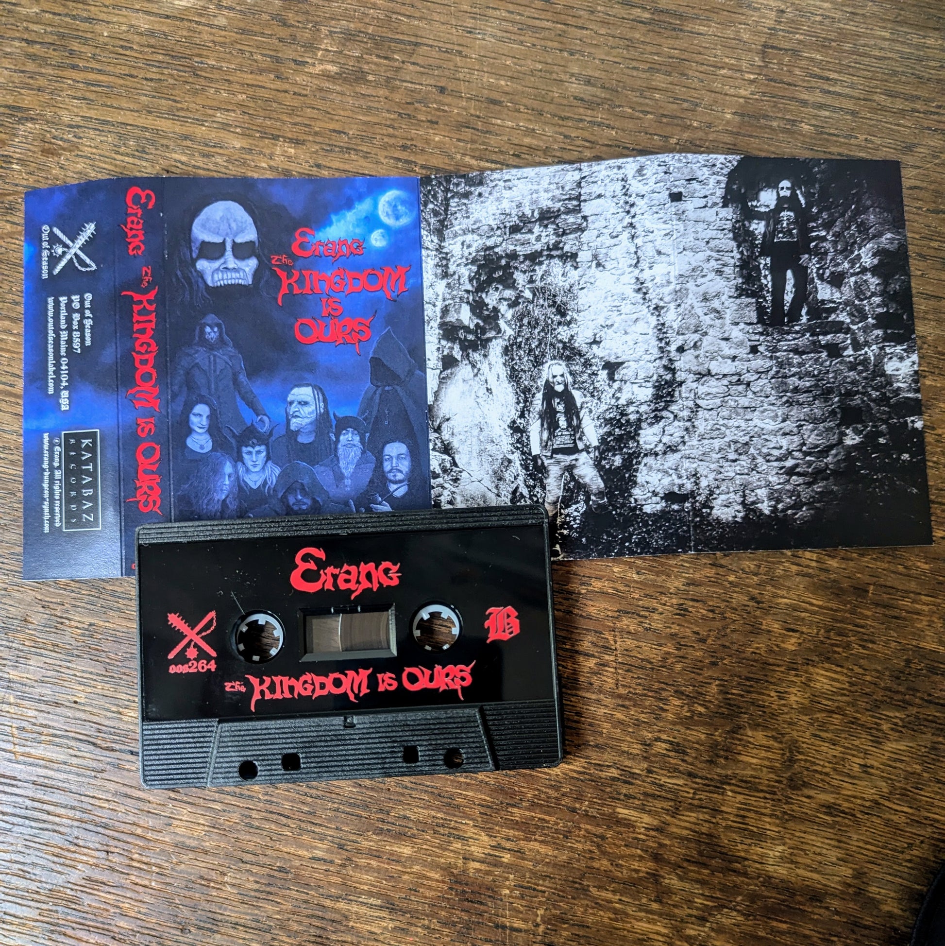 Erang The Kingdom is Ours cassette tape, black shell with red padprint, with fold-out j-card