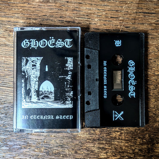 GHOEST In Eternal Sleep cassette tape, black shell with white padprint, with norelco case and printed j-card