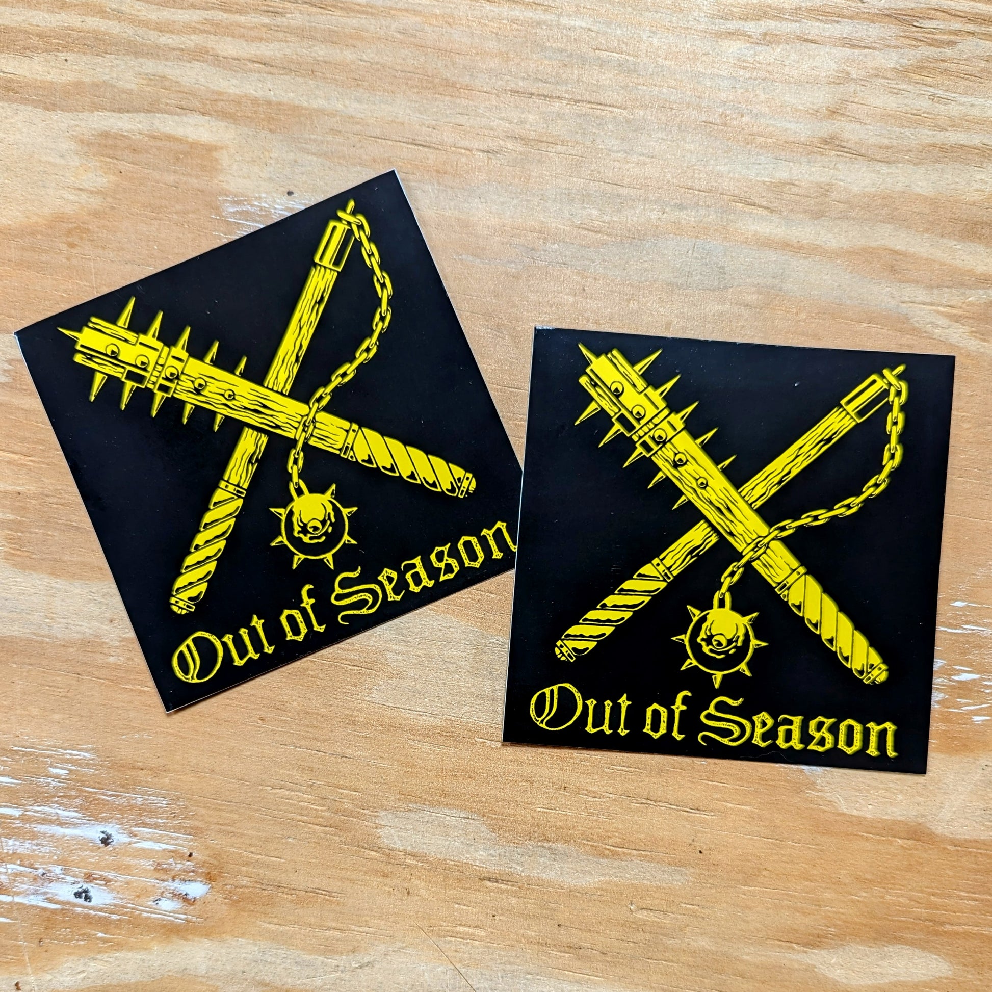 OUT OF SEASON "Black and Yellow" 4 inch stickers, with weapons logo