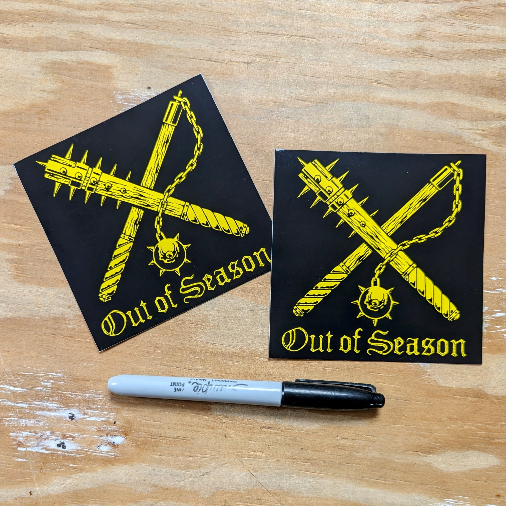 OUT OF SEASON "Black and Yellow" 4 inch stickers, with weapons logo