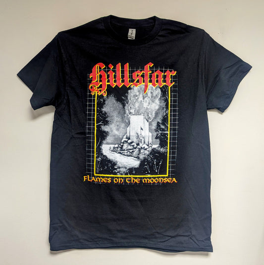 HILLSFAR "Flames on the Moonsea" 2-sided T-SHIRT, black shirt with red, yellow, and white print