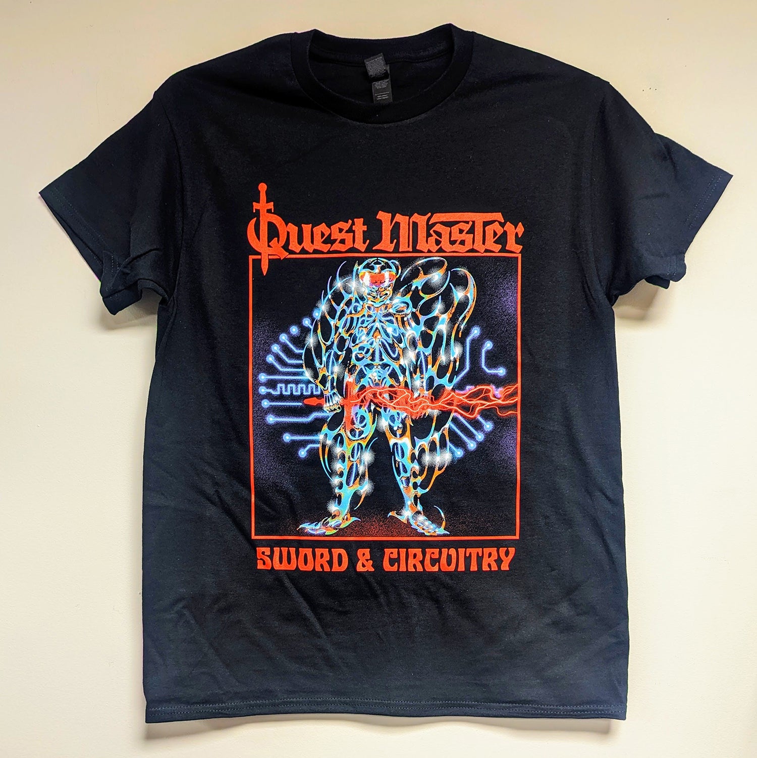 QUEST MASTER "Sword and Circuitry" T-Shirt, black shirt with multicolor print