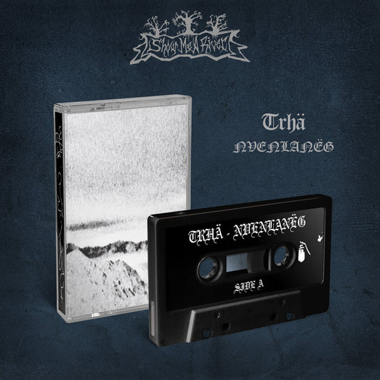 TRHÄ "Nvenlanëg" cassette tape, black shell with printed sticker label, Norelco case, and printed j-card