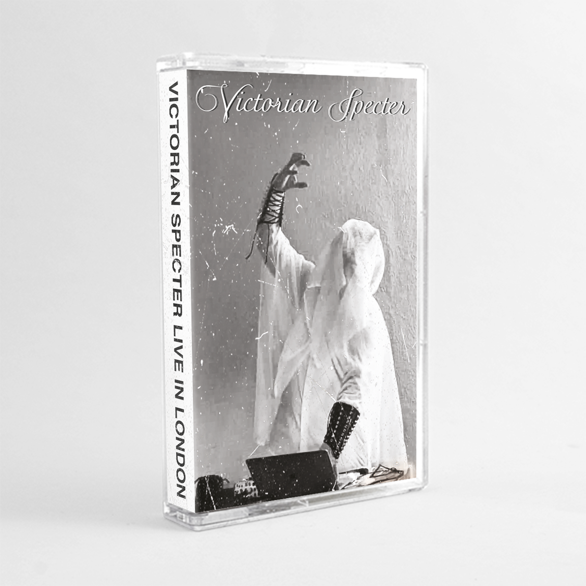 VICTORIAN SPECTER "Live in London" Cassette Tape, product mockup with norelco case and j-card