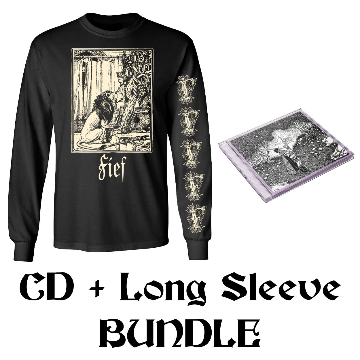 FIEF Mockup image of  Longsleeve shirt and CD. Black shirt with sand print on front and left sleeve, and CD is in jewel case with printed insert