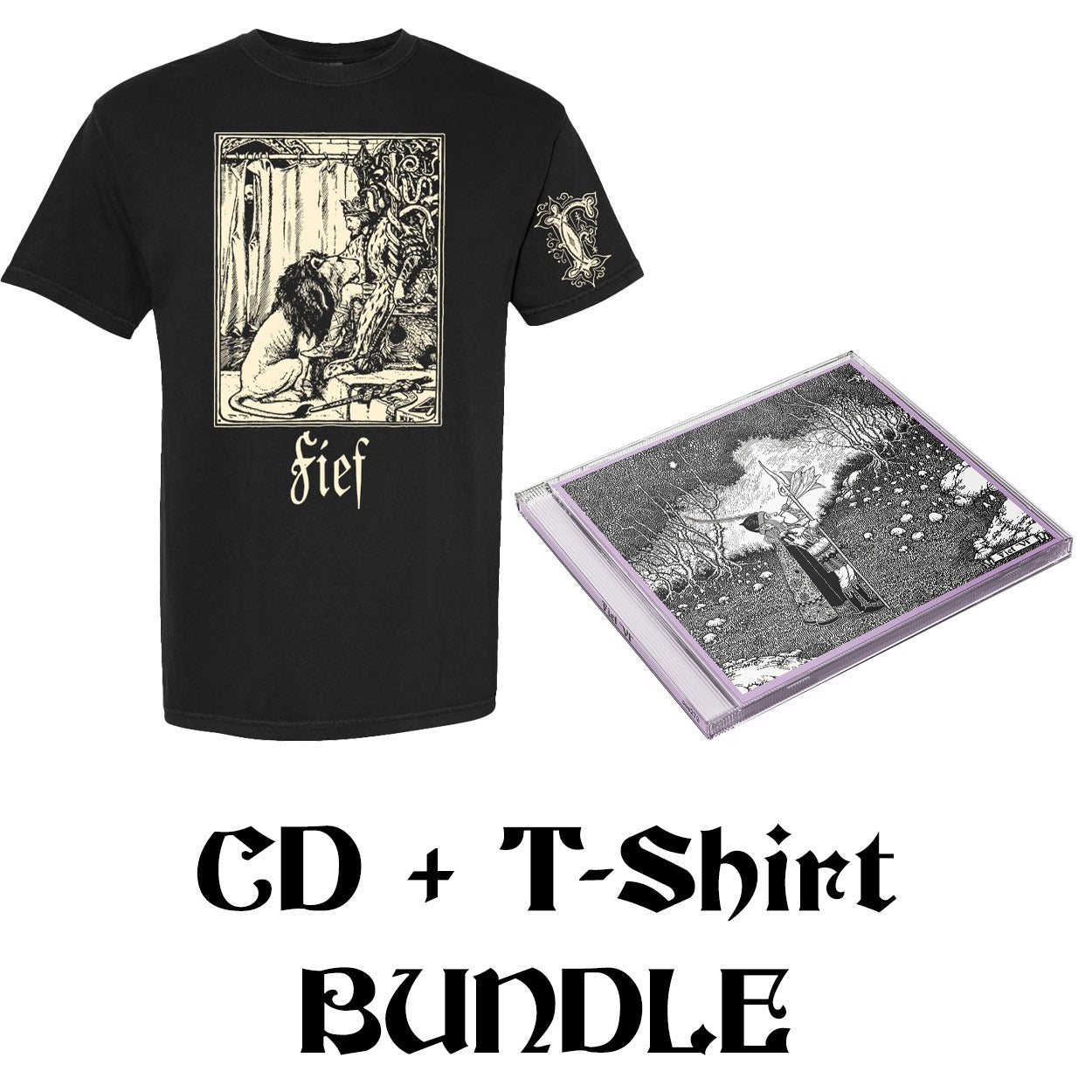 FIEF Mockup image of T-shirt and CD. Black shirt with sand print on front and left sleeve, and CD is in jewel case with printed insert