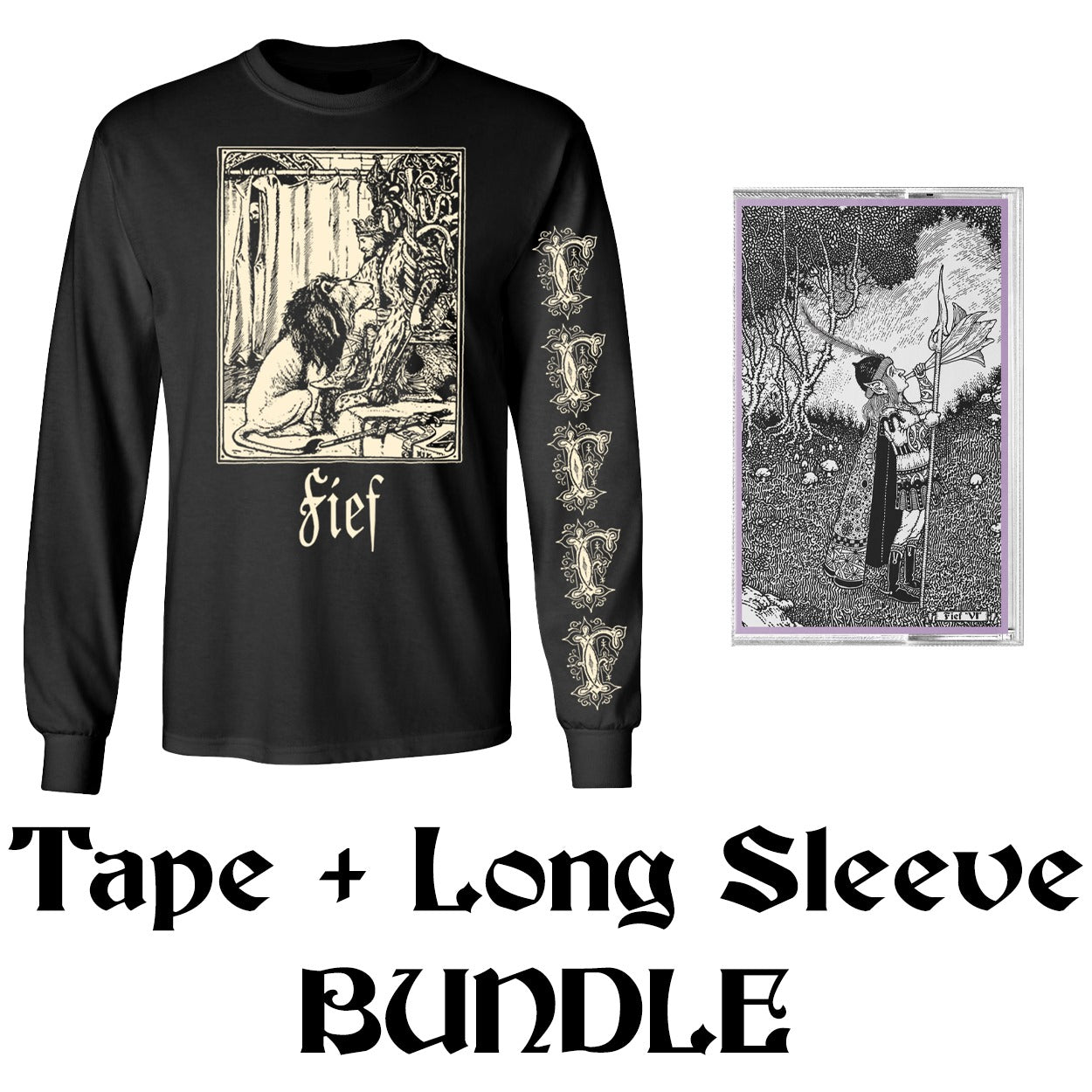 FIEF Mockup image of Longsleeve shirt and cassette tape. Black shirt with sand print on front and left sleeve, and tape is in norelco case with j-card