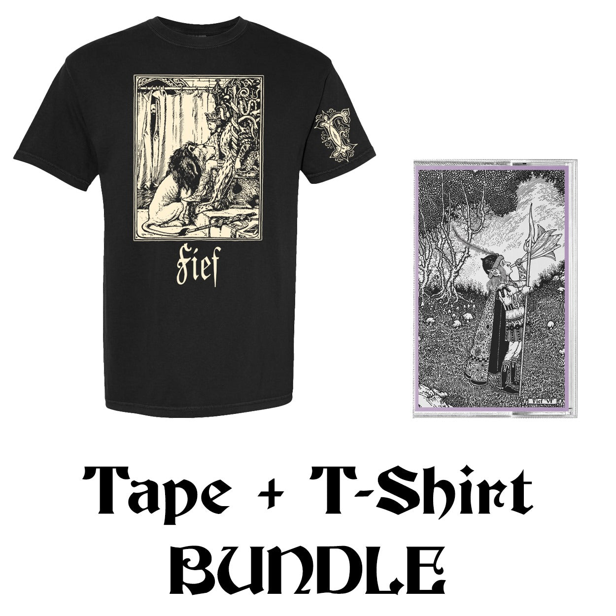 FIEF Mockup image of T-shirt and cassette tape. Black shirt with sand print on front and left sleeve, and tape is in norelco case with j-card