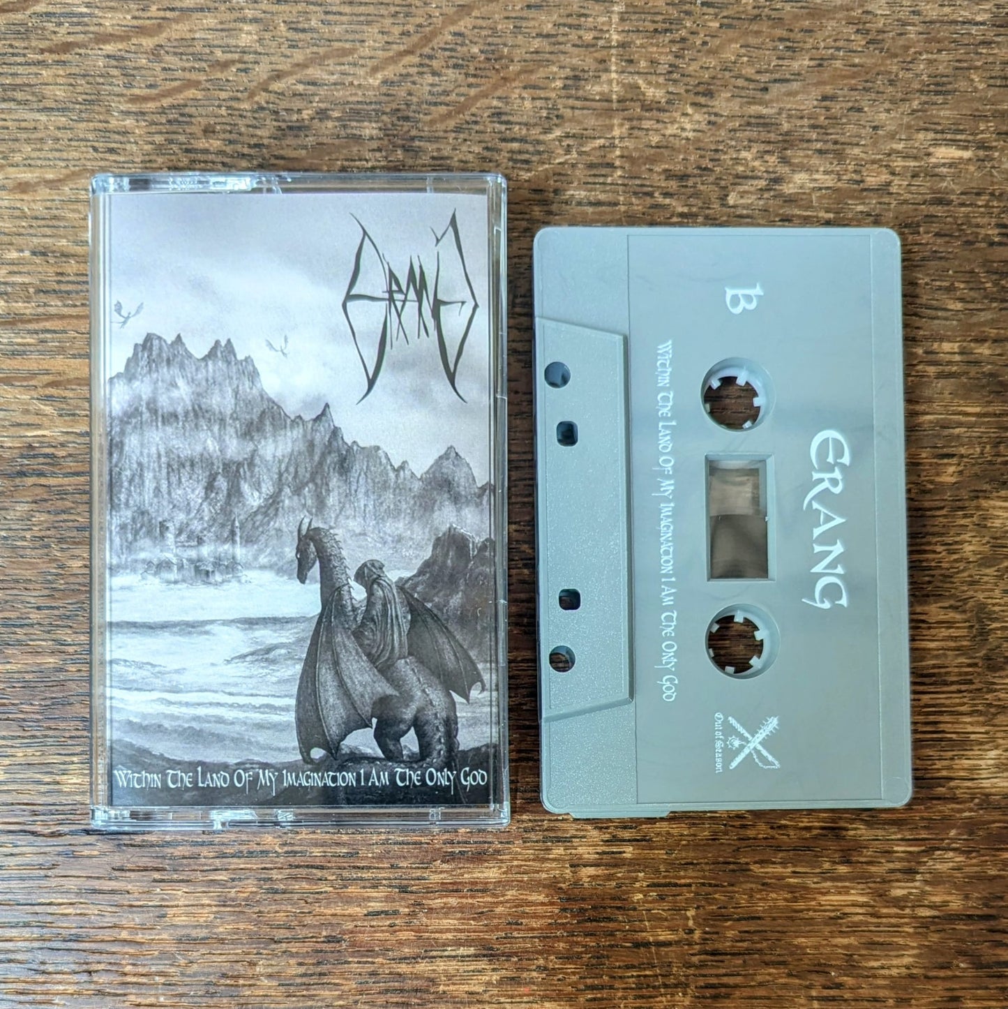 ERANG "Within The Land Of My Imagination I Am The Only God" cassette tape, light grey shell with white padprint, with norelco case and j-card