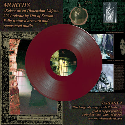 MORTIIS "Keiser Av En Dimension Ukjent" vinyl LP, mockup of maroon vinyl