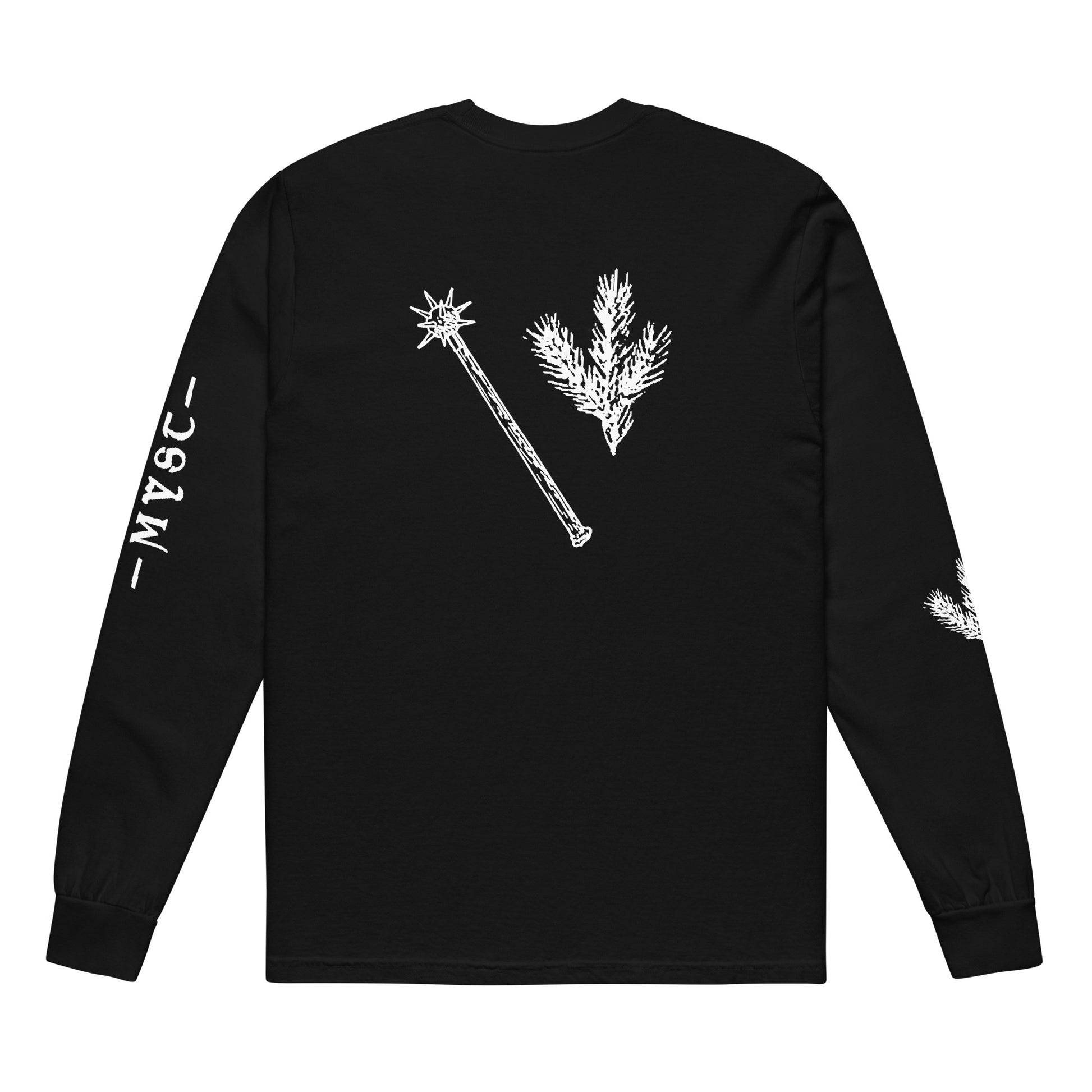 CONIFEROUS MYST "Vast Mountain Castles" 4-sided Long Sleeve Shirt product mockup. Black shirt with white print on back and sleeves