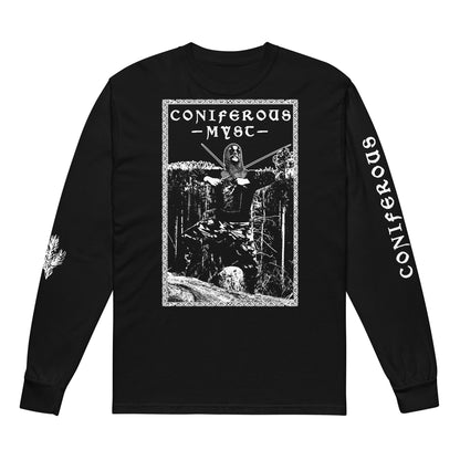 CONIFEROUS MYST "Vast Mountain Castles" 4-sided Long Sleeve Shirt, black shirt with with print on front and both sleeves