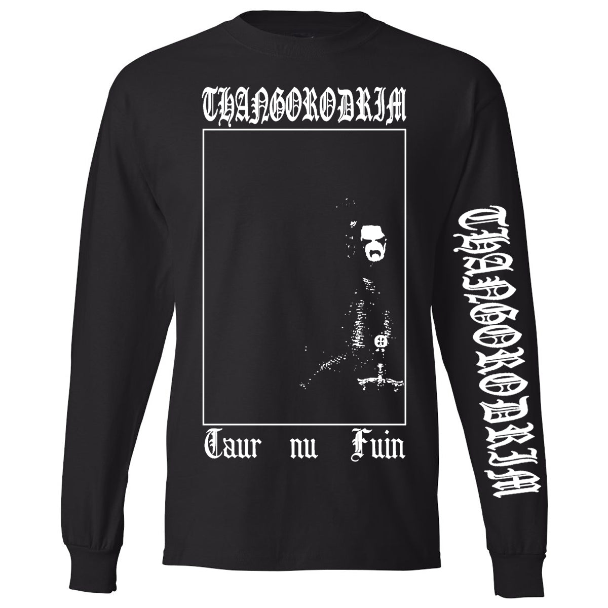 Thangorodrim long sleeve, mockup of black shirt with white logo on top, image of a person with corpse paint, and Taur nu Fuin written on bottom