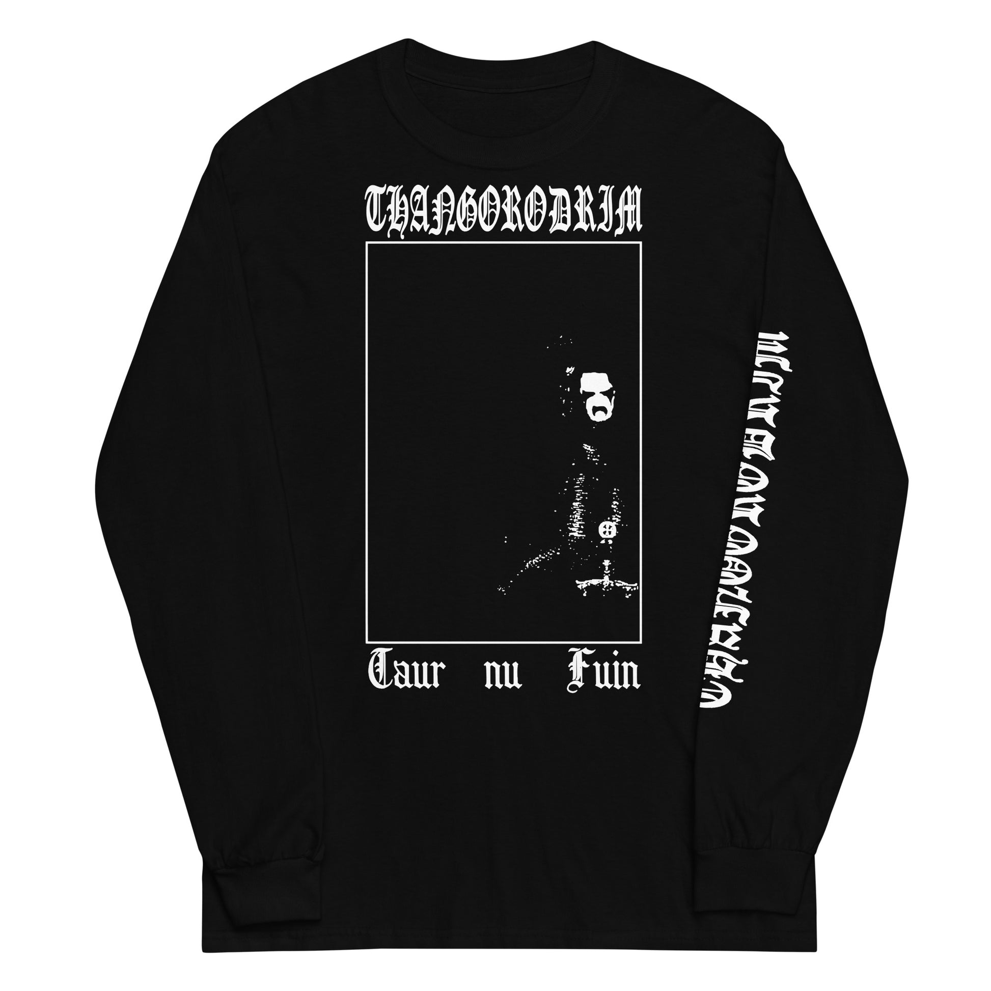 Thangorodrim long sleeve, mockup of black shirt with white logo on top, image of a person with corpse paint, and Taur nu Fuin written on bottom