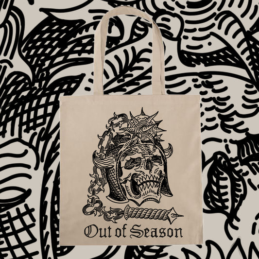 OUT OF SEASON "Skull N' Flail" Canvas Tote Bag (Natural) w/ free stickers!