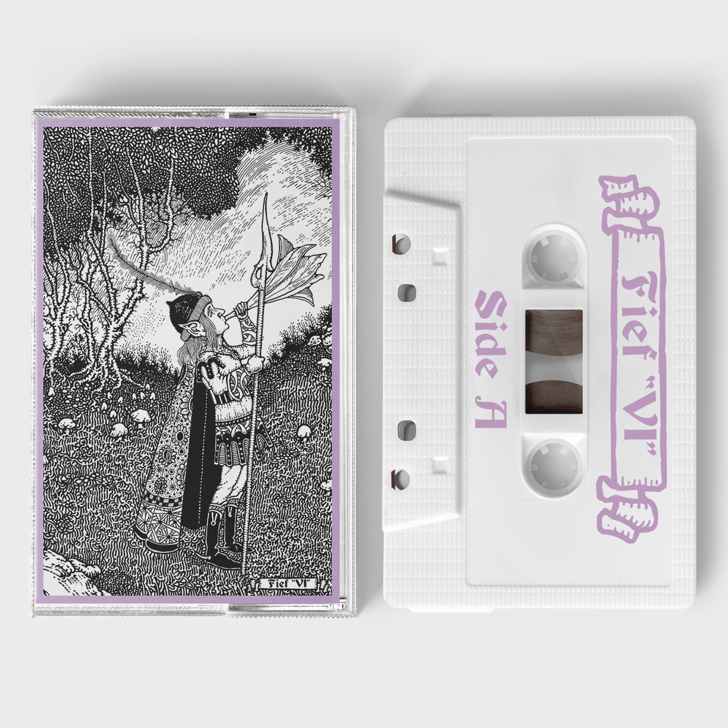 FIEF "VI" Cassette Tape, white shell with purple padprint, norelco case and printed j-card