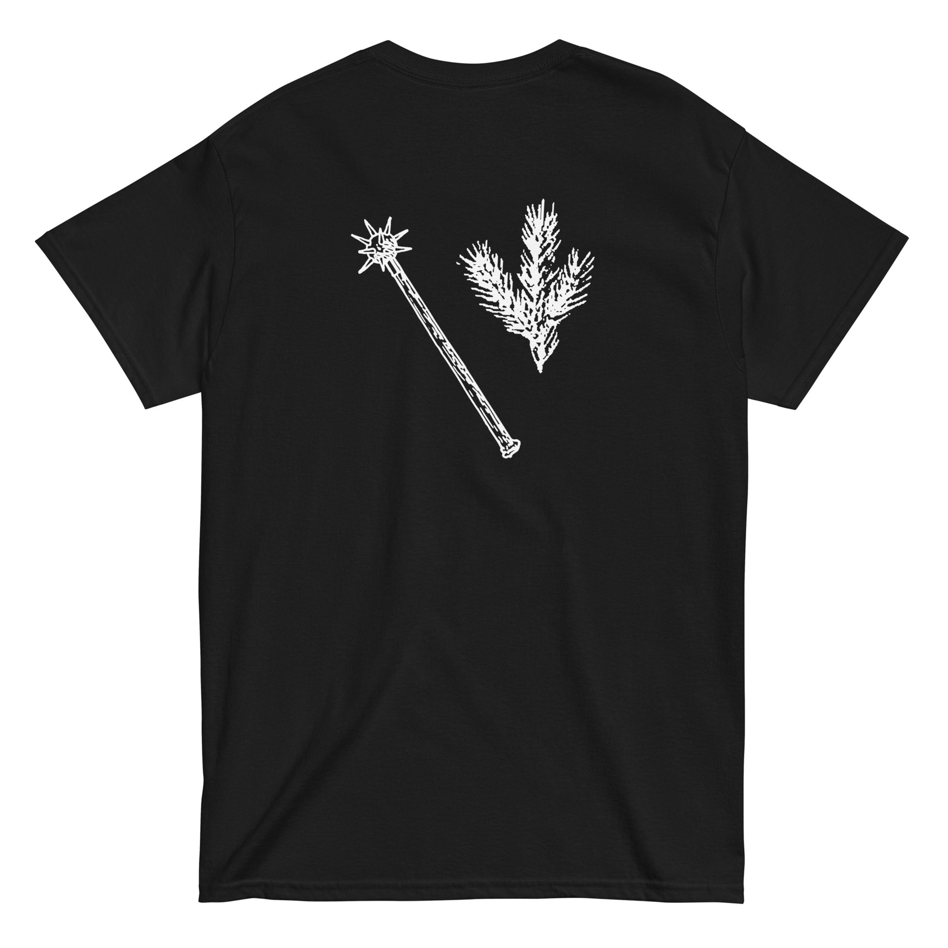 CONIFEROUS MYST "Vast Mountain Castles" 2-sided T-shirt product mockup. Black shirt with white print on back