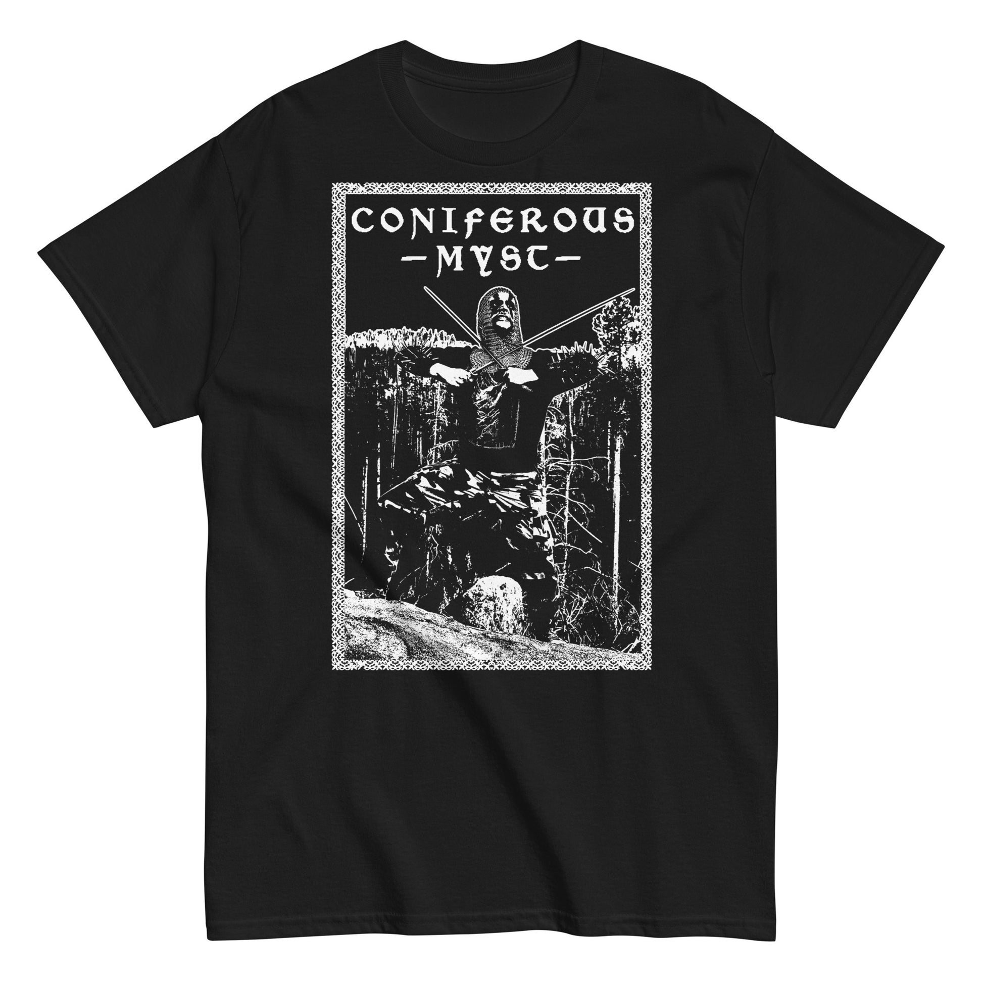 CONIFEROUS MYST "Vast Mountain Castles" 2-sided T-shirt product mockup. Black shirt with white print on front