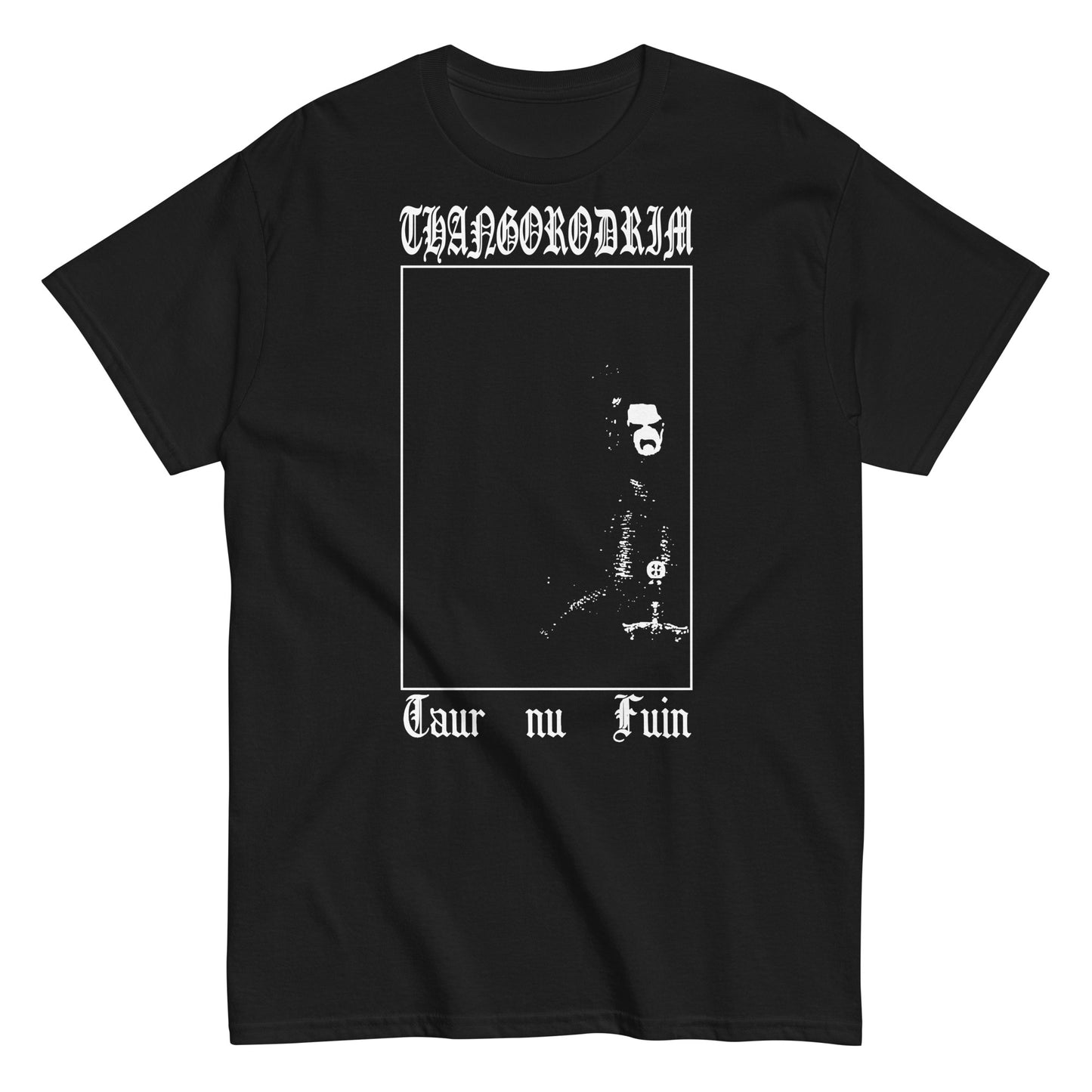 Thangorodrim T-shirt, mockup of black shirt with white logo on top, image of a person with corpse paint, and Taur nu Fuin written on bottom