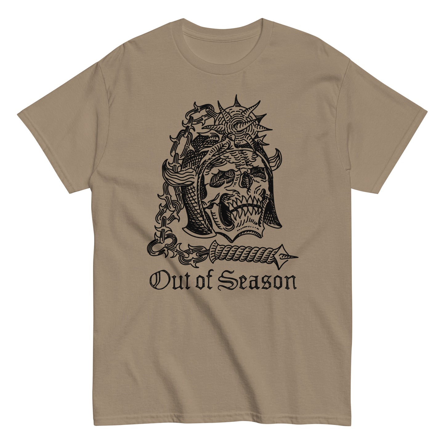 Out of Season T-shirt, black ink on Savana Brown shirt, skull with flail