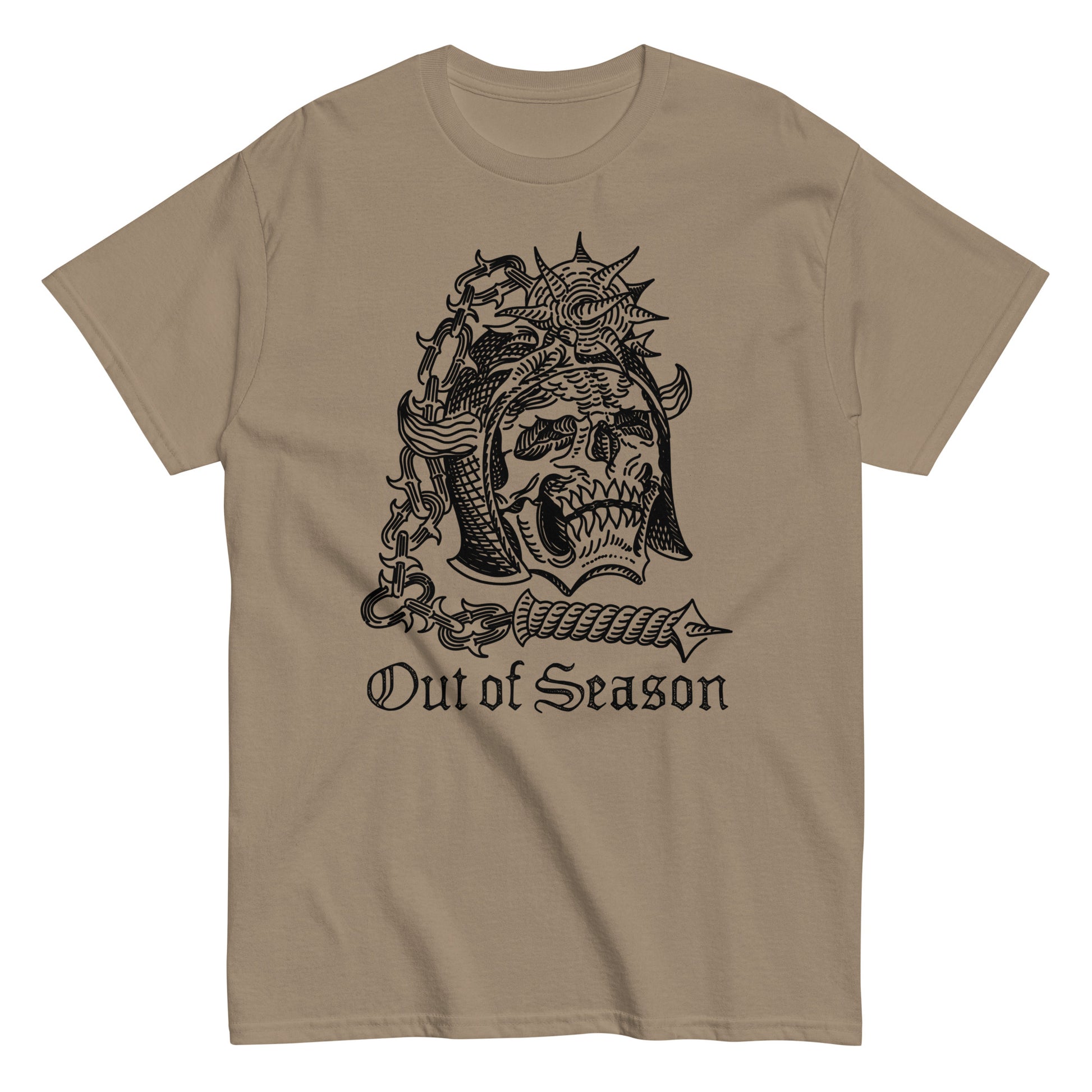 Out of Season T-shirt, black ink on Savana Brown shirt, skull with flail