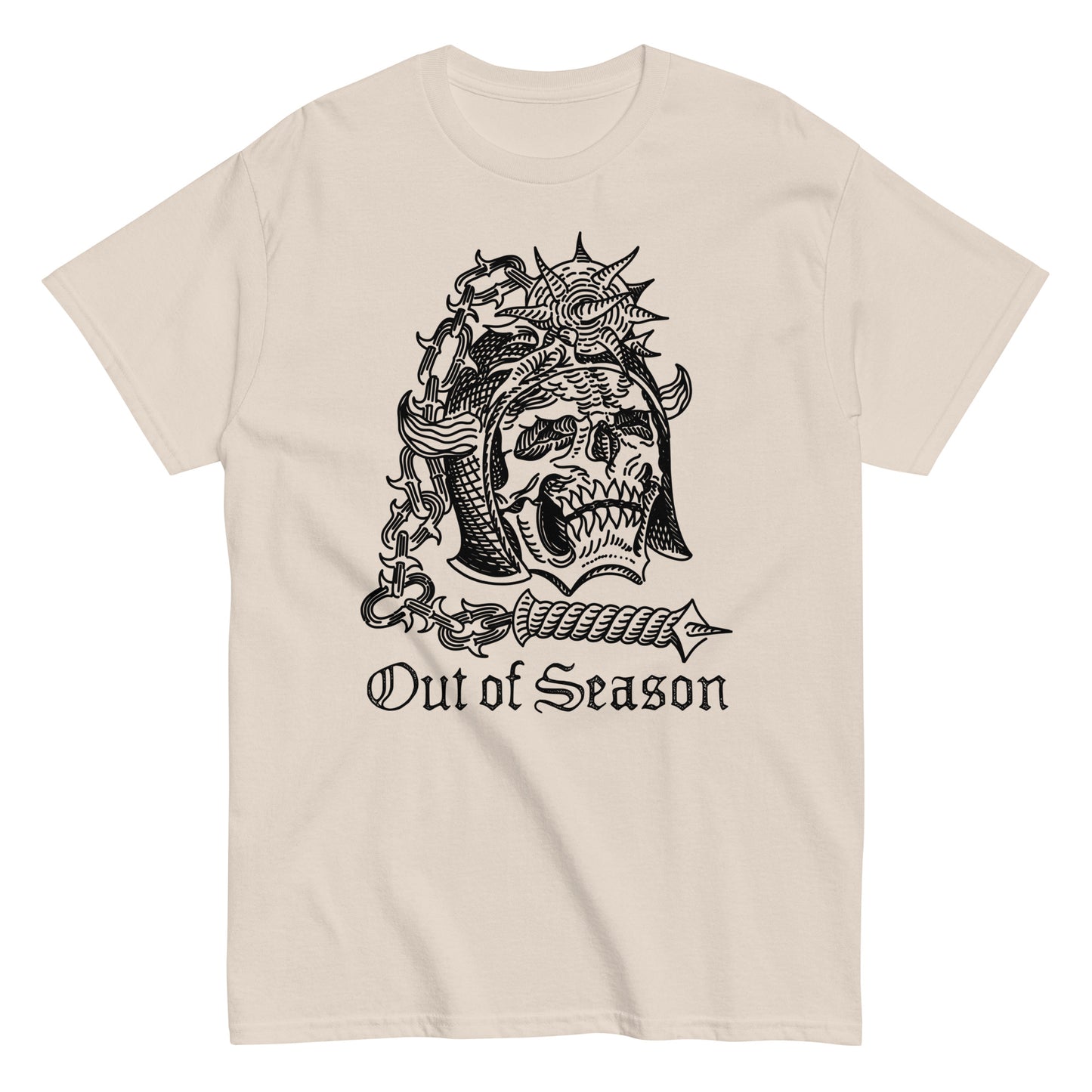 Out of Season T-shirt, black ink on natural shirt, skull with flail