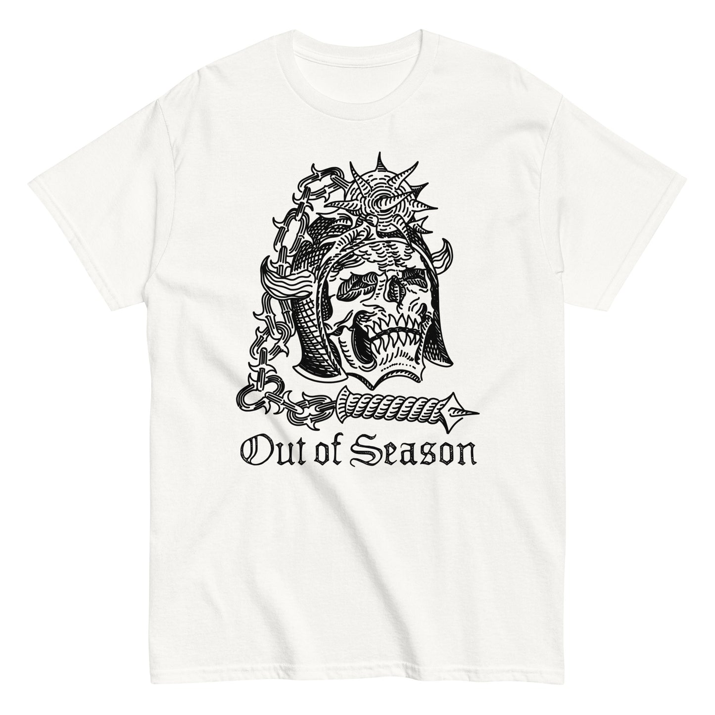 Out of Season T-shirt, black ink on white shirt, skull with flail