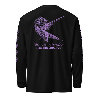 Fogweaver long sleeve shirt, purple ink on black shirt, back