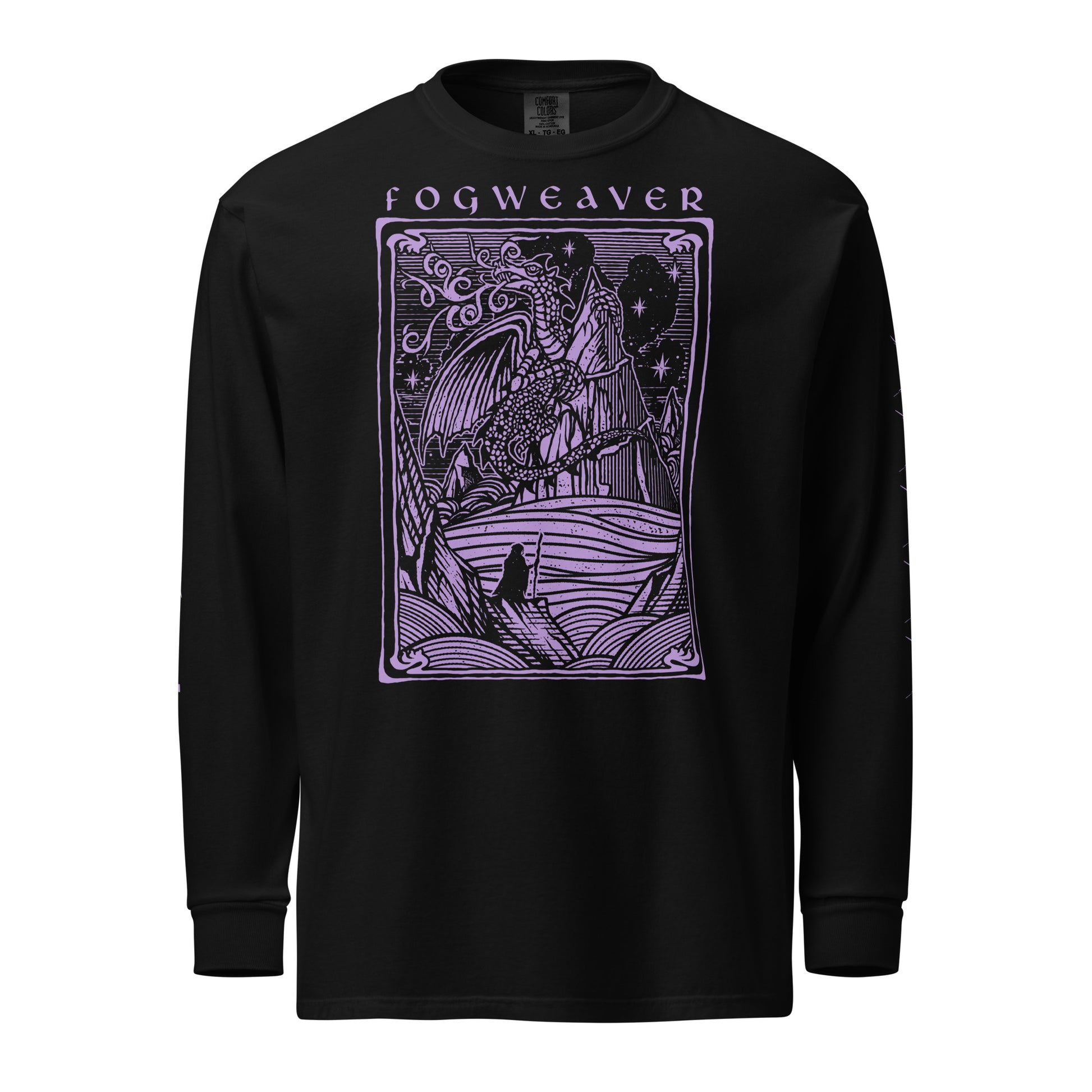 Fogweaver long sleeve shirt, purple ink on black shirt, front