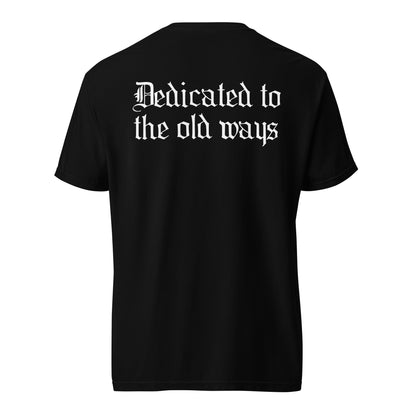 Thangorodrim T-shirt, mockup of black shirt with white text on back 'Dedicated to the old ways'