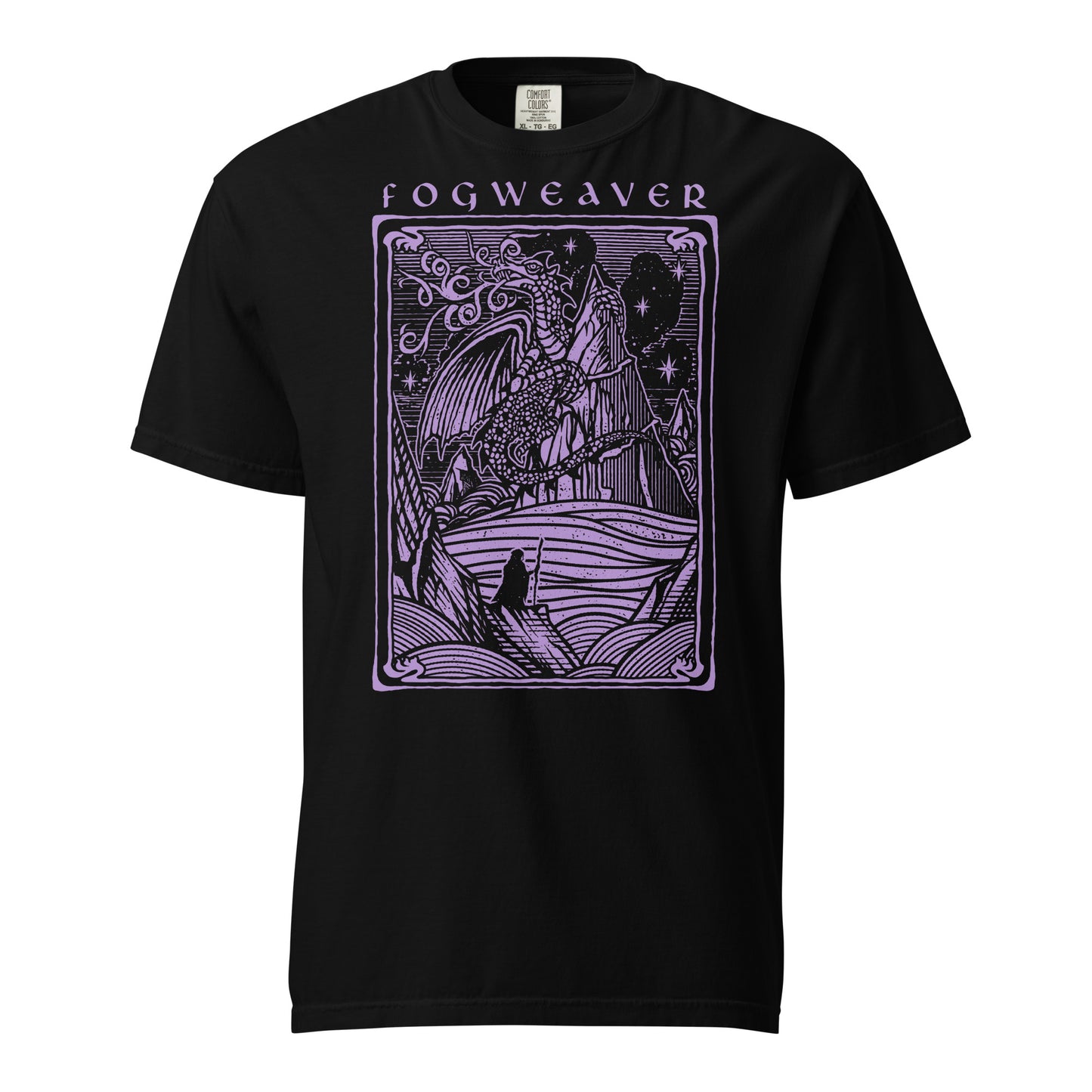 Fogweaver T-shirt, purple ink on black shirt, front