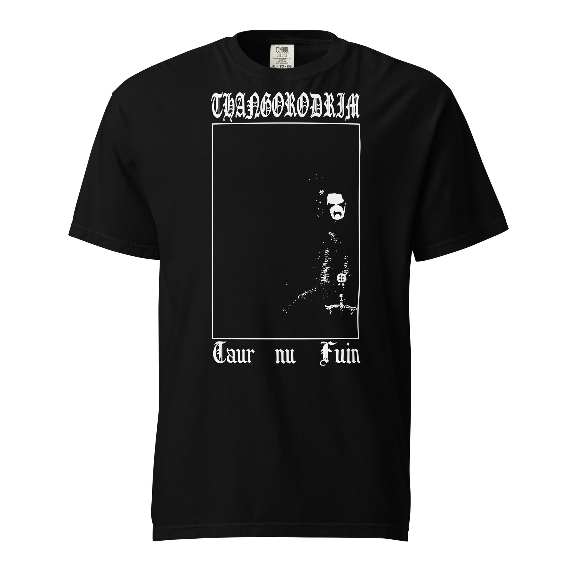 Thangorodrim T-shirt, mockup of black shirt with white logo on top, image of a person with corpse paint, and Taur nu Fuin written on bottom