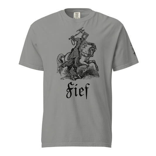 Fief T-shirt, grey with black ink, print of a knight in battle