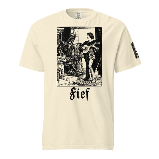 Fief T-shirt, black ink on tan shirt, print of a bard playing the lute for a king