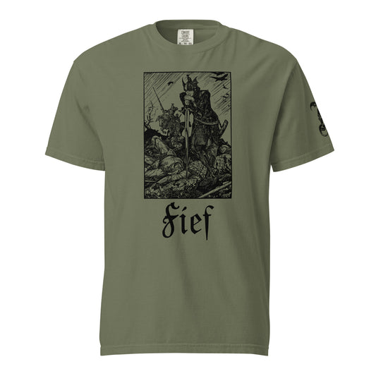 Fief T-shirt, black ink on military green shirt, print of a knight slaying its enemy